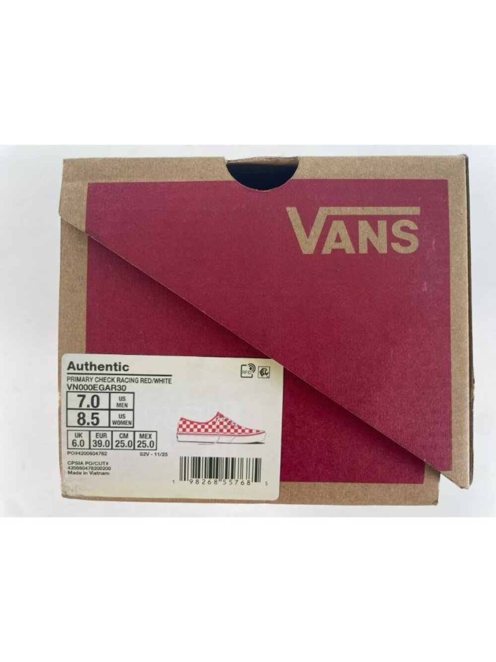 Vans Authentic Primary Check Racing Red/White Shoes Men's Sz 7/Women's 8.5 NEW - Picture 10 of 11